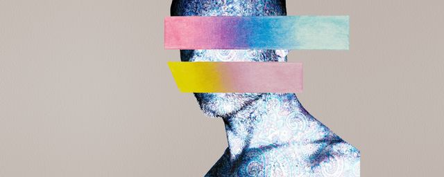 A male bust from the side, overlaid with a colourful pattern and with two multicoloured stripes covering the eyes and mouth